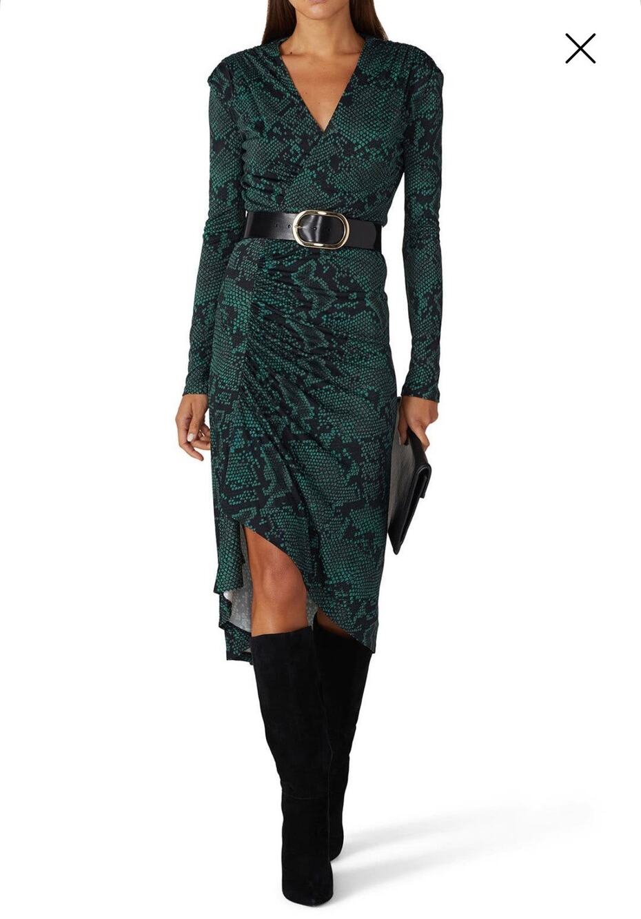 ATLEIN Green Snakeskin Printed Deep V-Neckline Fitted Sheath Dress size 38 US 6